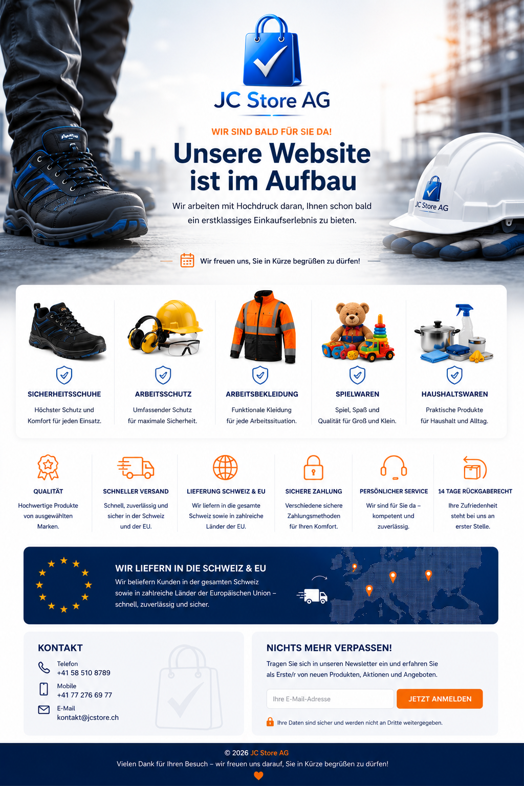 JC Store AG – Unsere Website ist im Aufbau. Sicherheitsschuhe, Arbeitsschutz, Arbeitsbekleidung, Spielwaren und Haushaltswaren. Lieferung Schweiz und EU. Kontakt: Telefon +41 58 510 8789, Mobile +41 77 276 69 77, E-Mail kontakt@jcstore.ch.